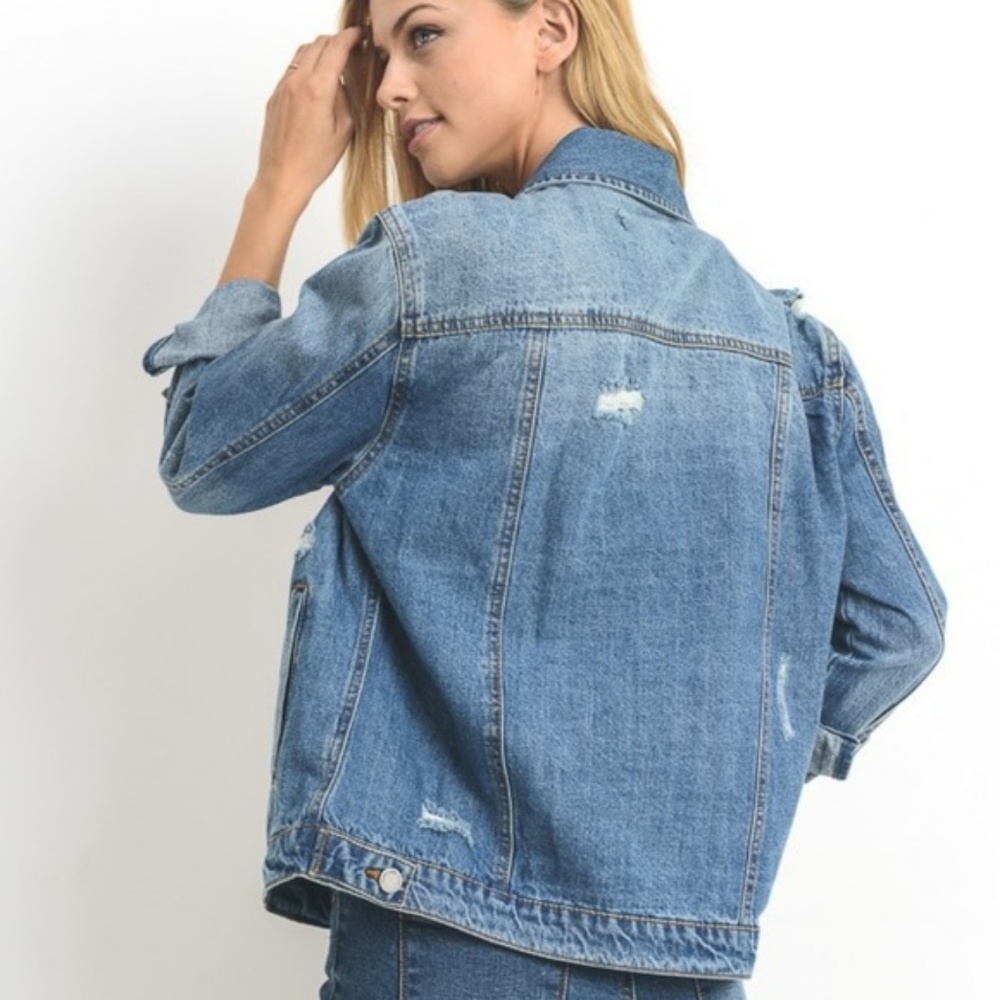 Distressed Denim Jacket Front Pocket 100% Cotton - Picture 7 of 8
